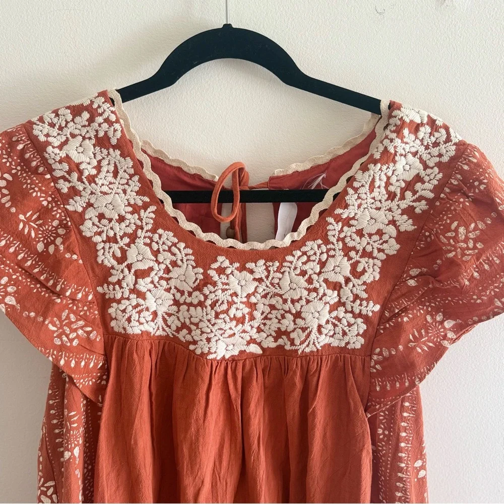 NWT BluIvy Embroidered Rust Boho Mini Dress Peasant Ruffles 100% Cotton Small - Picture 2 of 8